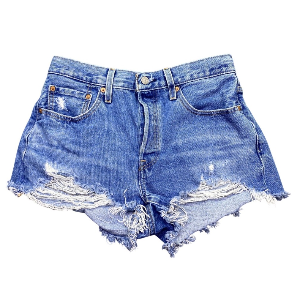 Levis Premium 501 High Rise Distressed Denim Cut Off Shorts Blue Womens Sz 30